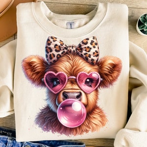 Highland Cow Png, Sublimation Design, Cow Blowing Bubble Png, Leopard Bow Png, Cow With Sunglasses Png, T-Shirt Design, Instant Download Png