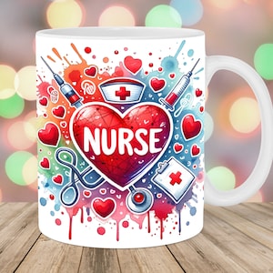 Nurse Mug Wrap, 11oz & 15oz Mug Template, Mug Sublimation Design, Love Heart Mug Wrap Template, Instant Digital Download PNG