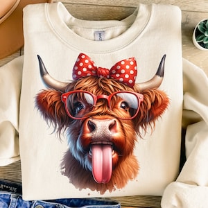 Crazy Highland Cow Png, Sublimation Design, Funny Heifer Png, Cheeky Cow With Polka Dot Bow Png, T-Shirt Design, Digital Download Png, DTF