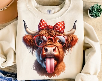 Crazy Highland Cow Png, Sublimation Design, Funny Heifer Png, Cheeky Cow With Polka Dot Bow Png, T-Shirt Design, Digital Download Png, DTF