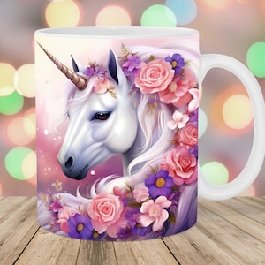 3D Einhorn Becherverpackung, 11 Unzen und 15 Unzen Bechervorlage, Becher Sublimationsdesign, Blumen Becherverpackung Vorlage, sofortiger digitaler Download PNG