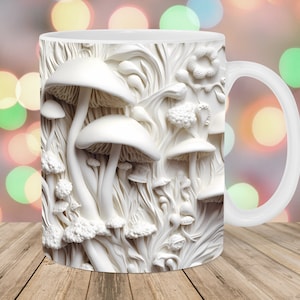 3D White Mushrooms Mug Wrap, 11oz & 15oz Mug Template, Mug Sublimation Design, Mug Wrap Template, Instant Digital Download PNG
