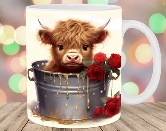 Baby Highland Cow In A Bucket Mug Wrap, 11oz & 15oz Mug Template, Mug Sublimation Design, Rose Mug Template, Instant Digital Download PNG