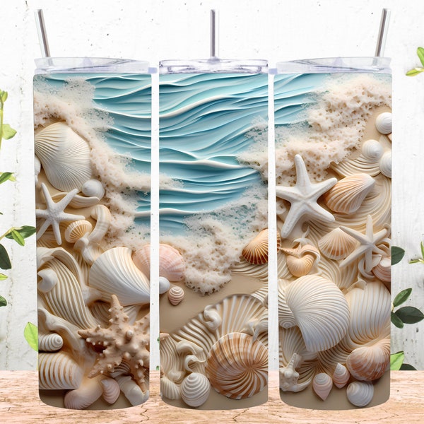 Gobelet mince 3D coquillages plage océan 20 oz sublimation design, emballage de verre droit et fuselé, téléchargement numérique instantané PNG