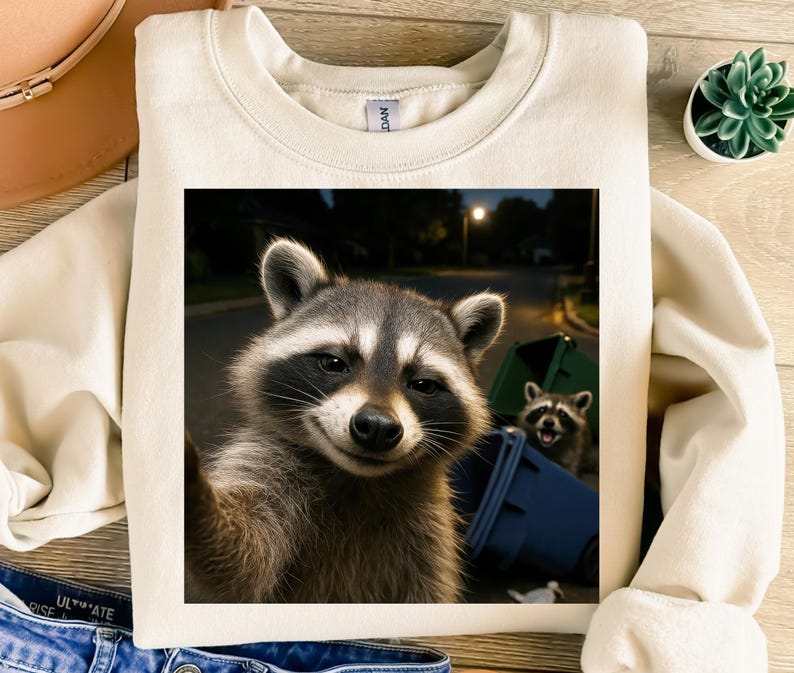 May include: Cream-colored sweatshirt featuring a raccoon selfie design. The image shows a raccoon taking a selfie with a trash can and another raccoon in the background. The design is printed on a soft, comfortable fabric.