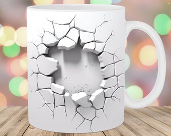 3D Cracked Wall Mug Wrap, 11oz And 15oz Mug Template, Mug Sublimation Design, Mug Wrap Template, Instant Digital Download PNG