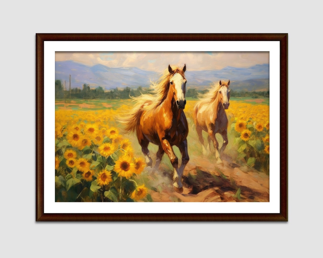 Printable Running Horses Sunflowers Landscape Painting, Horses