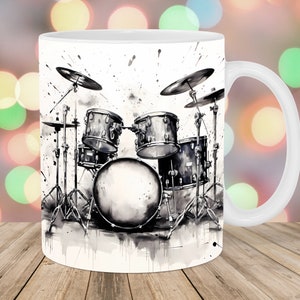 Drums Mug Wrap, 11oz & 15oz Mug Template, Mug Sublimation Design, Black And White Mug Wrap Template, Instant Digital Download PNG