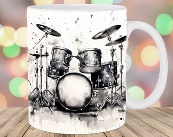 Drums Mug Wrap, 11oz & 15oz Mug Template, Mug Sublimation Design, Black And White Mug Wrap Template, Instant Digital Download PNG