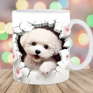 3D Poodle Hole In A Wall Mug Wrap, 11oz & 15oz Mug Template, Mug Sublimation Design, Puppy Mug Wrap Template, Instant Digital Download PNG