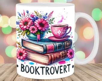 Booktrovert mok wrap, 11oz & 15oz mok sjabloon, boek mok sublimatie ontwerp, bloem mok wrap sjabloon, instant digitale download PNG