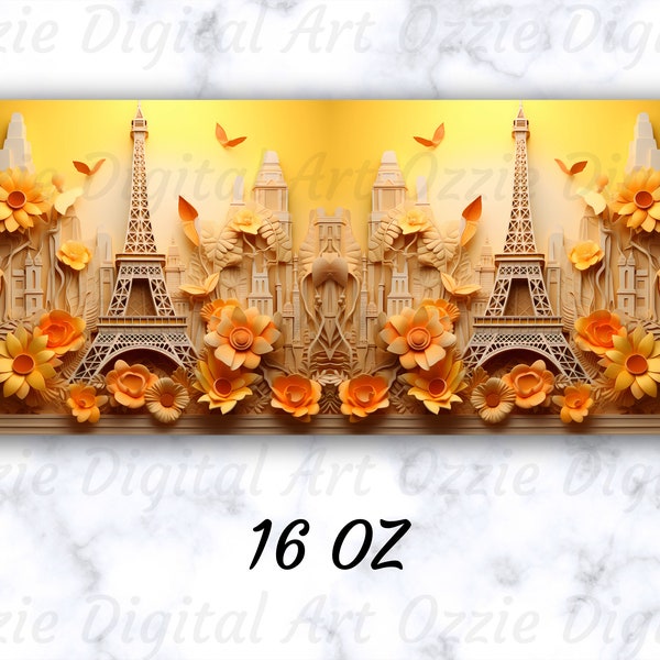 3D Eiffel Tower Yellow Sunflowers 16oz Libbey Glass Can Sublimation Design, Libbey Glass Can Wrap, Instant Digital Download PNG