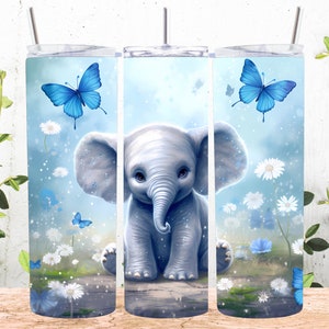 Baby Elephant Blue Butterflies 20 oz Skinny Tumbler Sublimation Design, Tumbler dritto e affusolato, Download digitale istantaneo PNG