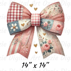 May include: A watercolor-style bow with a patchwork design in pink, red, and blue. The bow features floral and gingham patterns, with gold heart accents. The text "14" x 14"" is at the bottom.