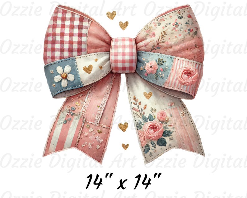 May include: A watercolor-style bow with a patchwork design in pink, red, and blue. The bow features floral and gingham patterns, with gold heart accents. The text "14" x 14"" is at the bottom.