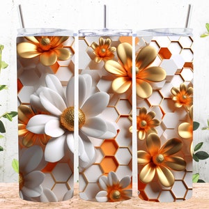 Gobelet fin 3D or orange fleurs abeille nid d'abeille 20 oz design en sublimation, emballage de verre droit et fuselé, téléchargement numérique instantané PNG