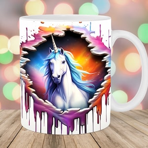 3D Unicorn Mug Wrap, 11oz & 15oz Mug Template, Hole In A Wall Mug Sublimation Design, Colorful Mug Template, Instant Digital Download PNG