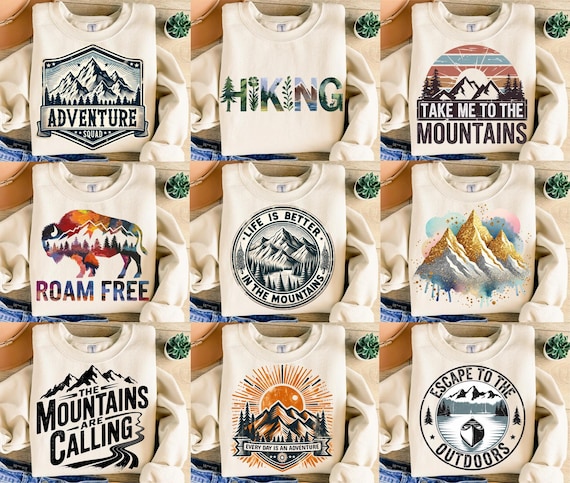 10 Mountains Designs Bundle Png, Sublimation Design, Hiking Png, Adventure Png, Travel Png, Retro Png, T-Shirt Design, Digital Download Png