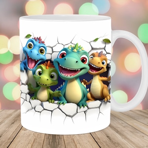 3D vier Dinosaurier Becherverpackung, 11 Unzen und 15 Unzen Bechervorlage, Becher Sublimationsdesign, Loch in einer Becherverpackungsvorlage, sofortiger digitaler Download PNG