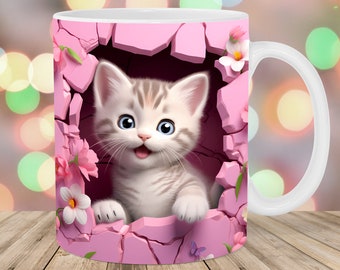 3D Kitten Hole In A Wall Mug Wrap, 11oz & 15oz Mug Template, Sublimation Design, Pink Flowers Mug Template, Instant Digital Download PNG
