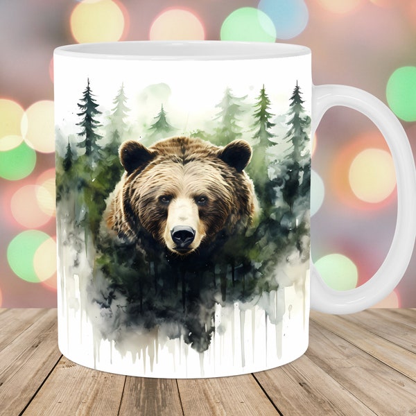 Watercolor Bear Forest Mug Wrap, 11oz & 15oz Mug Template, Mug Sublimation Design, Mug Wrap Template, Instant Digital Download PNG