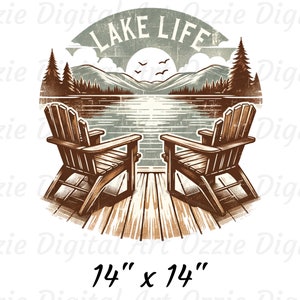 May include: A digital illustration featuring two wooden Adirondack chairs on a dock overlooking a lake and mountains. The words "LAKE LIFE" are arched above the scene. The image is 14" x 14".