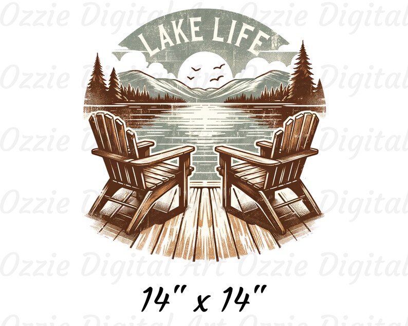 May include: A digital illustration featuring two wooden Adirondack chairs on a dock overlooking a lake and mountains. The words "LAKE LIFE" are arched above the scene. The image is 14" x 14".