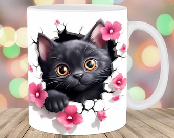 3D Black Kitten Hole In A Wall Mug Wrap, 11oz & 15oz Mug Template, Mug Sublimation Design, Mug Wrap Template, Instant Digital Download PNG