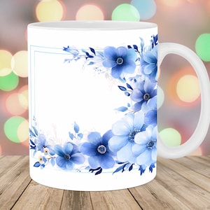 Blue Flowers Border Mug Wrap, 11oz & 15oz Mug Template, Mug Sublimation Design, Flower Frame Mug Wrap Template, Instant Digital Download PNG