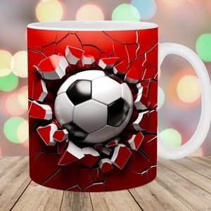 Involucro per tazza con pallone da calcio 3D, modello di tazza da 11 once e 15 once, design a sublimazione della tazza, modello di avvolgimento per tazza con foro nel muro, download digitale istantaneo PNG