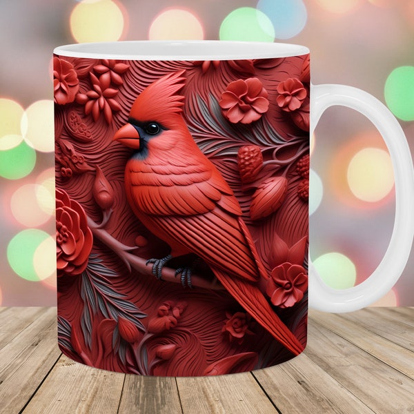 3D Engraved Leather Red Cardinal Bird Mug Wrap, 11oz & 15oz Mug Template, Mug Sublimation Design, Mug Wrap Template, Digital Download PNG