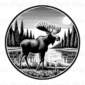 Moose Svg & Png, Moose Clipart, Lake Landscape Vector Image, Forest Moose Silhouette, Wild Animal Sublimation Design, Moose Cut File