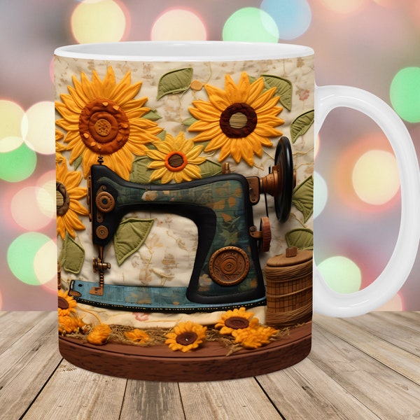 3D Embroidered Sewing Machine Mug Wrap, 11oz & 15oz Mug Template, Mug Sublimation Design, Flower Mug Template, Instant Digital Download PNG