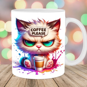 Op de afbeelding: Witte keramische mok met een cartoonillustratie van een chagrijnige kat die een koffiekopje vasthoudt. De kat heeft groene ogen en een spreekballon boven zijn hoofd met de tekst "Coffee Please". De achtergrond is een kleurrijk splatterpatroon.