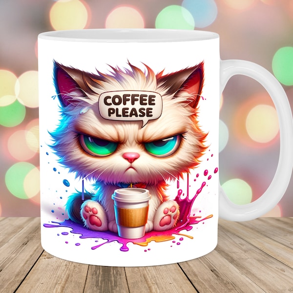 3D Grumpy Cat Mug Wrap, 11oz And 15oz Mug Template, Mug Sublimation Design, Coffee Please Mug Wrap Template, Instant Digital Download PNG