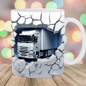 Foro semi-camion 3D in un involucro di tazza a muro, modello di tazza da 11 once e 15 once, design di sublimazione della tazza, modello di avvolgimento della tazza, download digitale istantaneo PNG