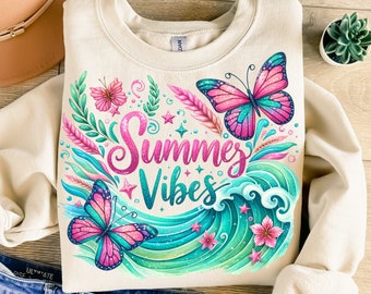 Summer Vibes Png, Design di sublimazione, Clipart farfalla, Immagine digitale tropicale, Png delle onde dell'oceano, Design t-shirt, Download istantaneo Png, DTF