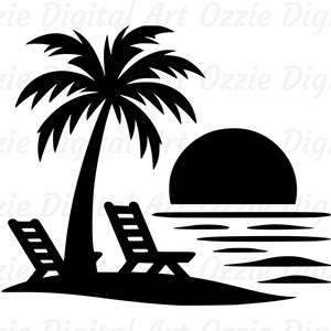 May include: Black and white silhouette of a palm tree with two lounge chairs on a beach with a setting sun.