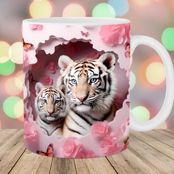 Emballage de tasse tigre 3D, modèle de tasse 11 oz et 15 oz, design en sublimation de tasse murale trouée, modèle de tasse fleurs roses, téléchargement numérique instantané PNG