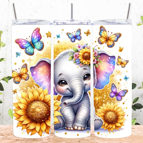 Baby Elephant Butterflies Sunflowers 20 oz Skinny Tumbler Sublimation Design, Straight & Tapered Tumbler Wrap, Instant Digital Download PNG