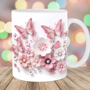 3D White Pink Flowers Butterflies Mug Wrap, 11oz & 15oz Mug Template, Mug Sublimation Design, Mug Template, Instant Digital Download PNG