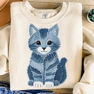Denim Patchwork katt png, sublimeringsdesign, kattunge png, kattälskare png, kattmamma png, trendig png, t-shirtdesign, digital nedladdning png, DTF