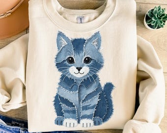 Imagem PNG de gato em patchwork jeans, design para sublimação, PNG de gatinho, PNG de amante de gatos, PNG de mãe de gato, PNG moderno, design para camiseta, PNG para download digital, DTF