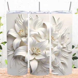 3D White Lilies Flowers 20 oz Skinny Tumbler Sublimation Design, Straight And Tapered Tumbler Wrap, Instant Digital Download PNG