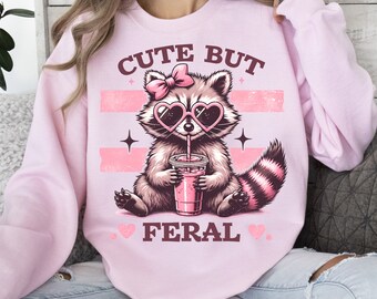 Pinchchoo Cute But Feral Raccoon Funny Meme Pullover Hoodie - Unisex Graphic Sweatshirt