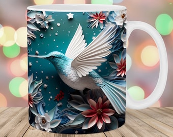 3D Hummingbird Mug Wrap, 11oz & 15oz Mug Template, Mug Sublimation Design, Flower Mug Wrap Template, Instant Digital Download PNG