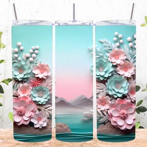 3D Pink Green Flowers Beach 20 oz Skinny Tumbler Sublimation Design, Straight And Tapered Tumbler Wrap, Téléchargement numérique instantané PNG