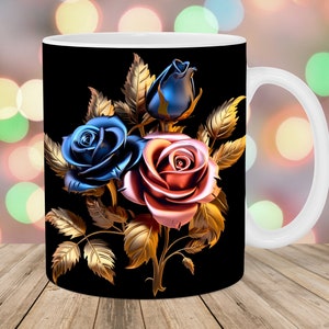 3D Gold Pink Blue Roses Mug Wrap, 11oz & 15oz Mug Template, Mug Sublimation Design, Flowers Mug Wrap Template, Instant Digital Download PNG