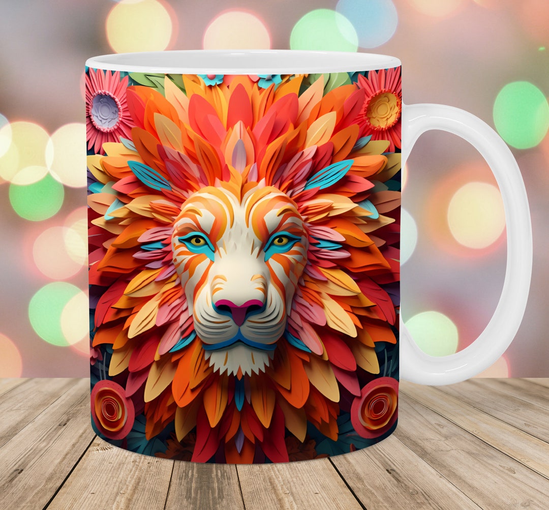 3D Lion Mug Wrap, 11oz & 15oz Mug Template, Mug Sublimation Design