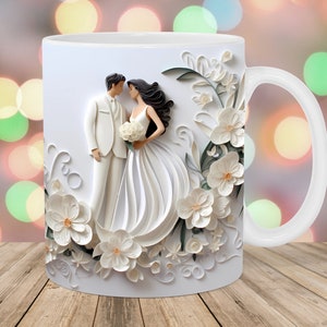 Envoltura de taza de pareja de bodas 3D, plantilla de taza de 11 oz y 15 oz, diseño de sublimación de taza, plantilla de envoltura de taza de flores blancas, descarga digital instantánea PNG